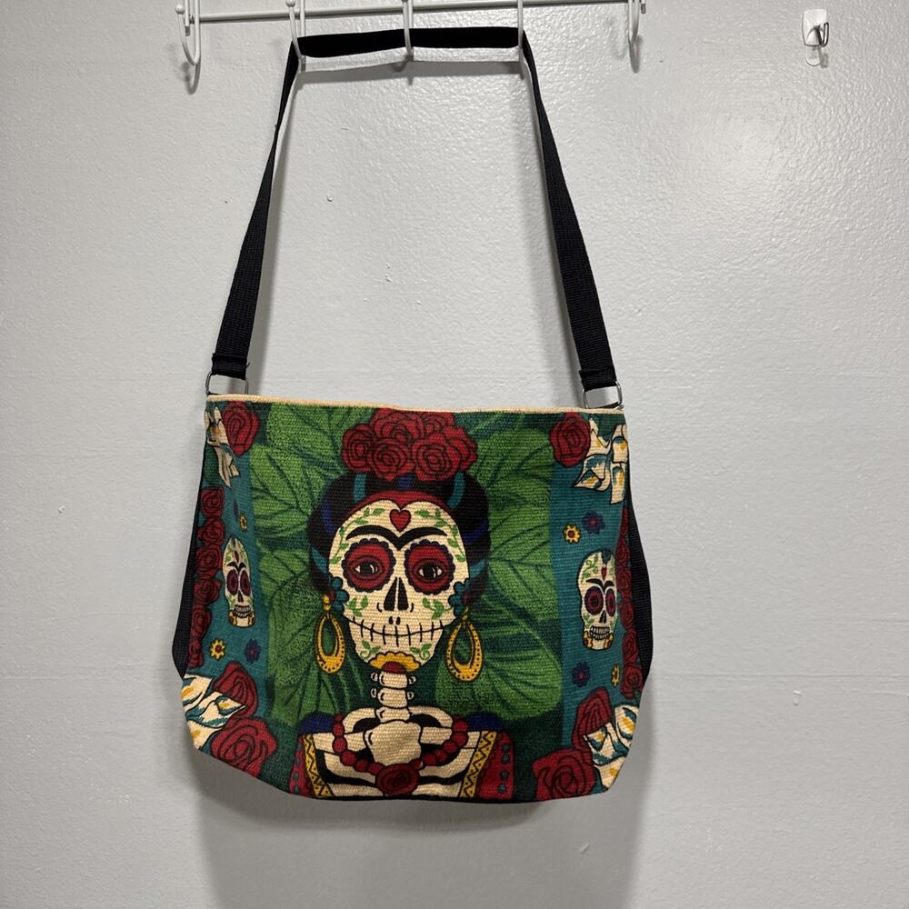 Day of the Dead Floral Skull Tote Bag in Green and Red